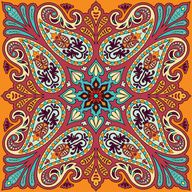 矢量手帕印花与佩斯利装饰。丝巾、方巾图案设计，东方风格面料。图片下载