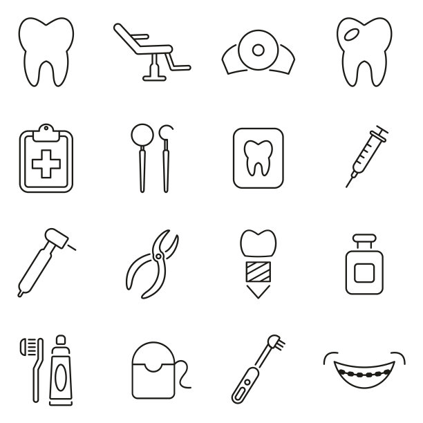 牙医办公室和设备图标细线矢量插图集图片下载