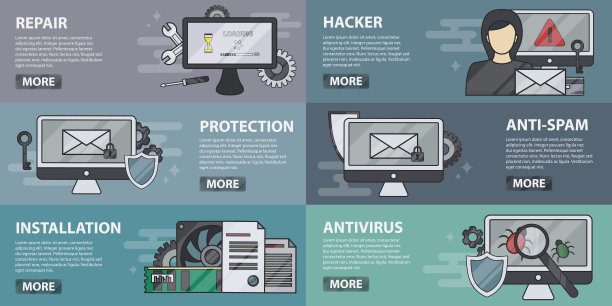 矢量套平横幅的维修，硬件和安装。电脑市场的概念，在线支持和防病毒。电脑元素的集合线设计。图片下载