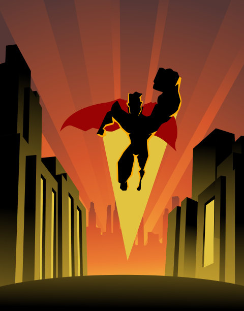 向量超级英雄的剪影在城市街道上空飞行图片下载