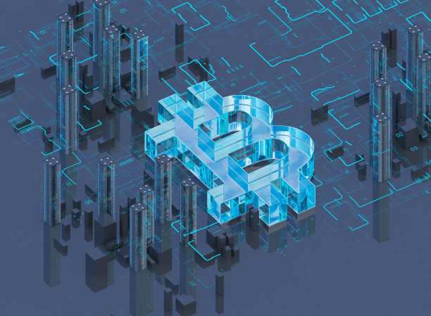 比特币符号从滨水区的现代城市崛起的3D插图图片下载