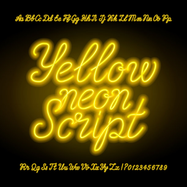 黄色氖气文字字母字体。霓虹大写字母和小写字母。图片下载
