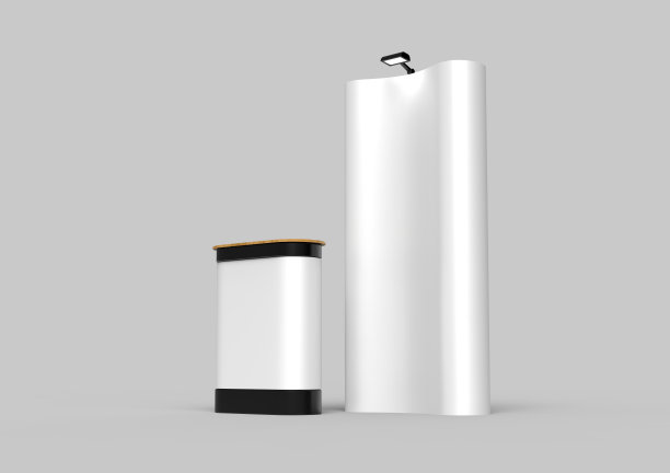 展览张力织物3x1展示横幅站背景与LED或卤素灯与弹出计数器。3 d渲染插图。图片下载