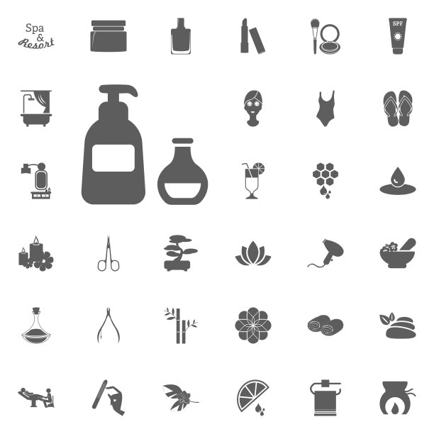 身体和面部护理乳液图标。水疗和娱乐矢量设置图标。一套33个水疗图标。图片下载