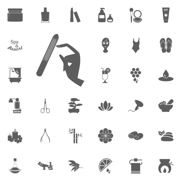 修指甲图标。水疗和娱乐矢量设置图标。一套33个水疗图标。图片下载