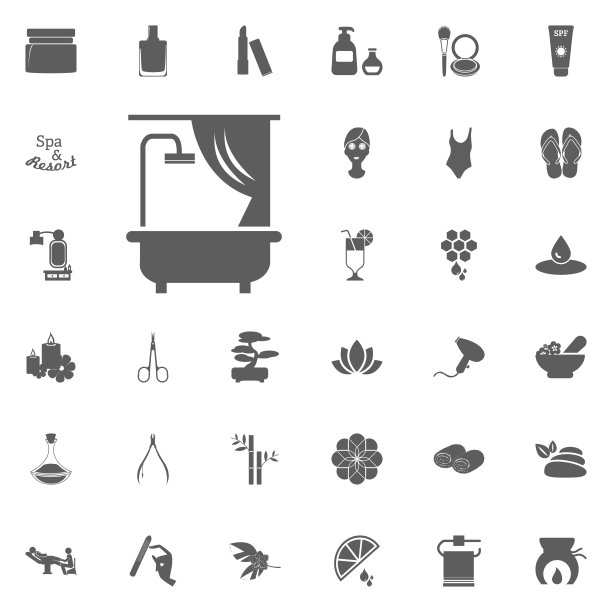 浴图标。水疗和娱乐矢量设置图标。一套33个水疗图标。图片下载