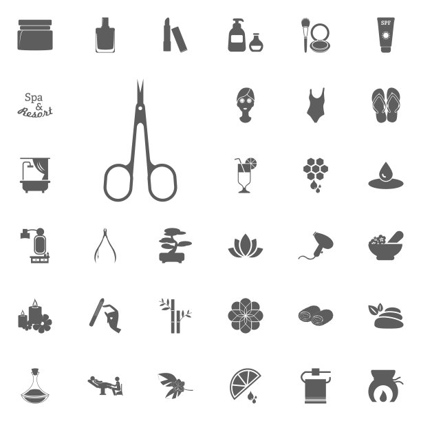 指甲剪图标。水疗和娱乐矢量设置图标。一套33个水疗图标。图片下载