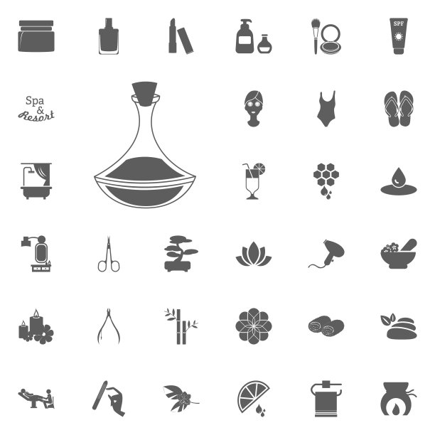 Spa石油。治疗石油图标。水疗和娱乐矢量设置图标。一套33个水疗图标。图片下载