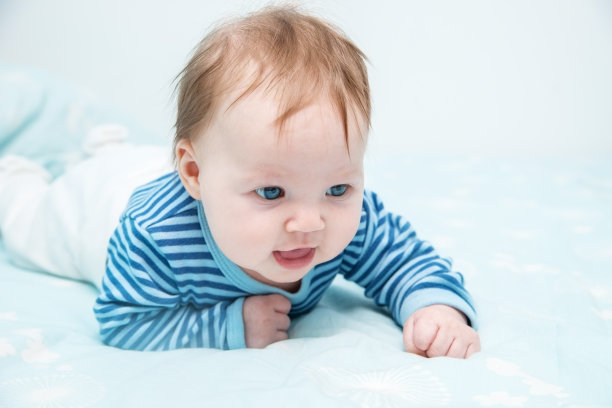 宝宝趴在地上，双手抬起来，抱着头，四处张望。图片下载