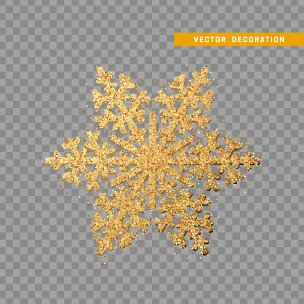 圣诞装饰，金色的雪花覆盖着明亮的闪光，在透明的背景上。图片下载