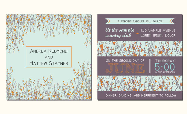 婚礼请柬与花卉背景和装饰与手绘亚麻树枝图片下载