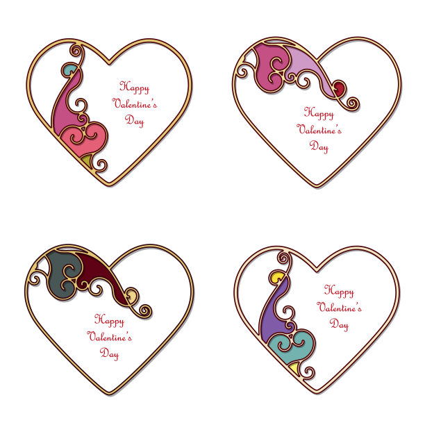 优雅的黄金心形剪影与金银丝装饰的不对称装饰和文字的地方。情人节模板集。图片下载