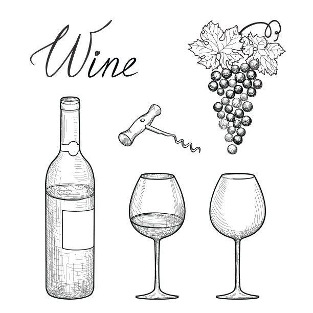酒具。酒杯、酒瓶、葡萄、刻字。葡萄园雕刻图片下载