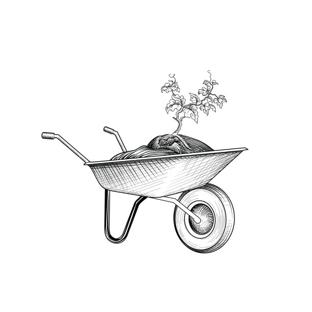 有植物的花园手推车。与腐殖质手推车。园艺的迹象。图片下载