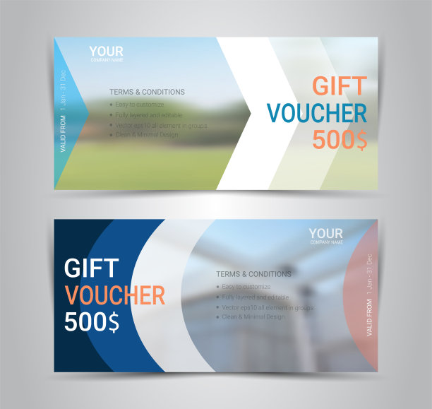 礼品券和代金券，折扣券或横幅web模板与模糊的背景梯度网格，使您的公司提供的产品的图像(模糊的照片为例)图片下载