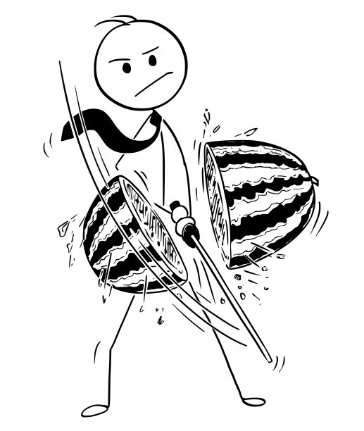 商人用武士刀切西瓜的概念漫画图片下载