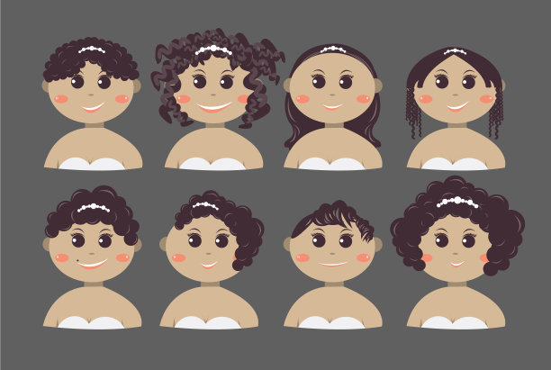 不同面部表情的非洲和美国女孩或妇女卡通人物;婚礼及发型概念设计;矢量插图。图片下载