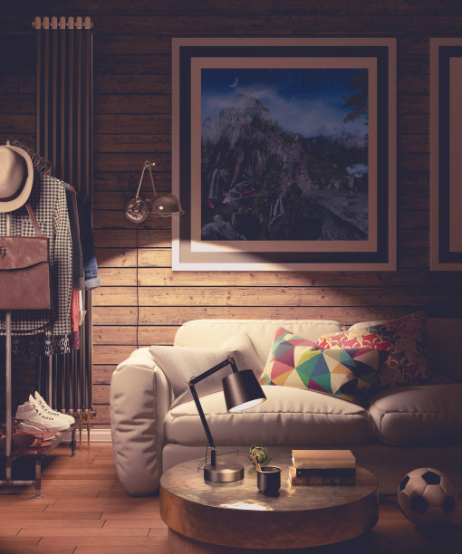 复古潮阁楼室内背景，3D渲染图片下载