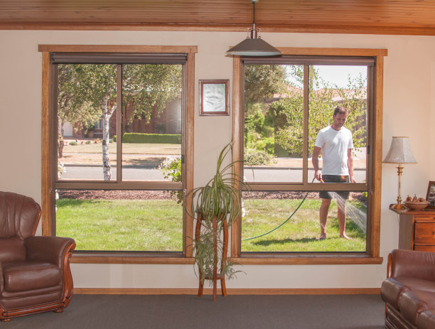 透过窗户看到一个人在给花园浇水图片下载