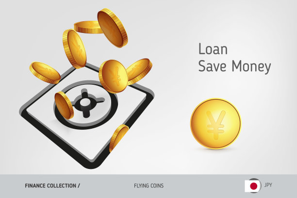 安全图标与飞行的日元硬币，金融概念。矢量插图印刷，网站，网页设计，移动应用程序，信息图表。图片下载