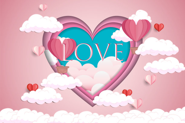 快乐的情人节设计用剪纸心形，飞行的气球和云彩。矢量插图贺卡与文字爱图片下载