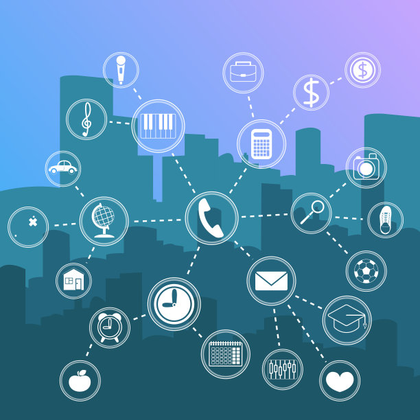 夜幕城市景观矢量插图与高科技图标在平面风格。图片下载