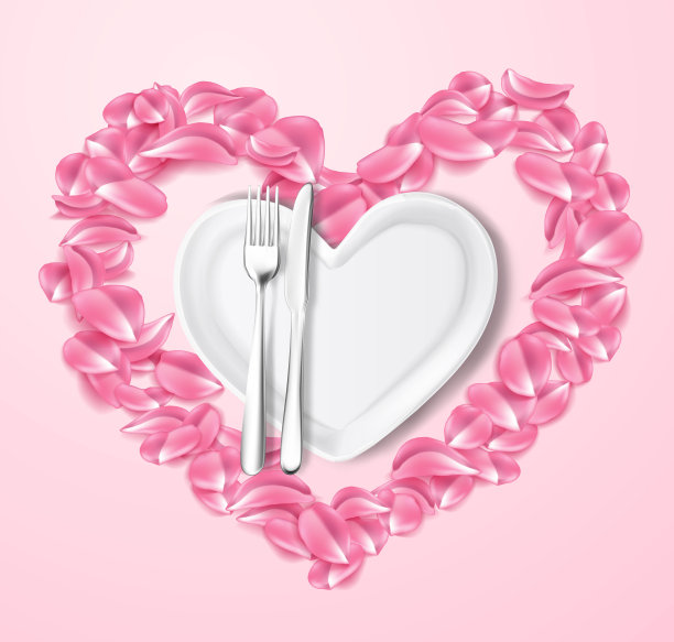 心形矢量盘，刀，叉，玫瑰图片下载