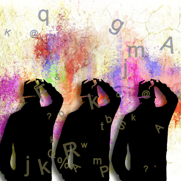 三剪影的单身男子与帽子上的五彩滴背景与散落的字母。图片下载