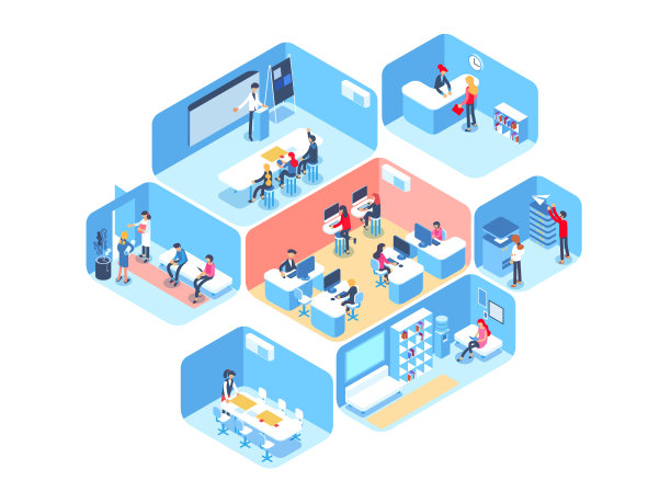 人们在一个团队中工作并实现目标。业务流程和办公情况。等距矢量插图。图片下载