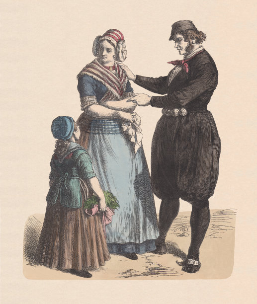 荷兰服饰，19世纪，手工着色木刻，大约1880年出版图片下载