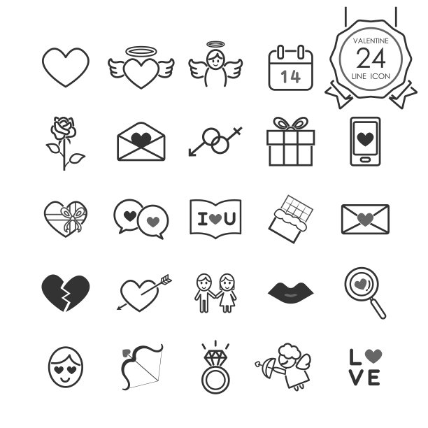 单色标志和符号线图标心和浪漫的元素为情人节，矢量插图。素材图片