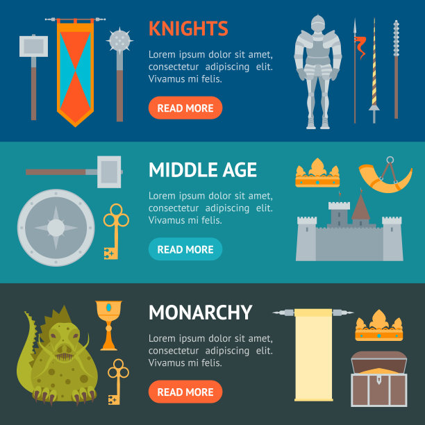 漫画标志的中世纪旗帜水平设置。向量图片下载