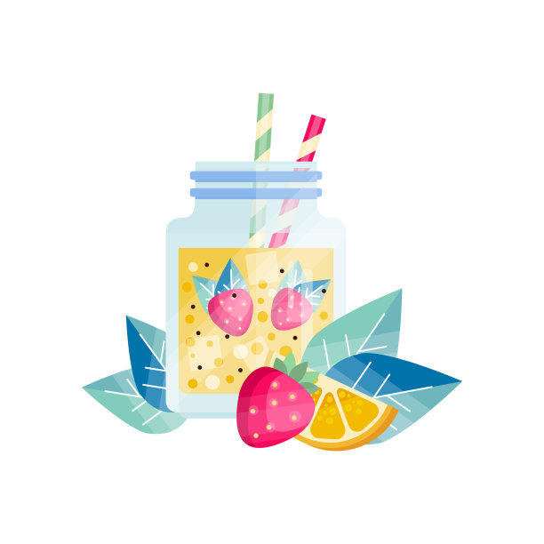 装有柠檬-草莓鸡尾酒的玻璃罐子。清凉果汁。素食冰沙配冰块和吸管。美味健康的饮料。平面向量的设计图片下载