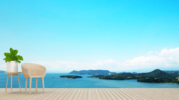 酒店或餐厅露台上的海景木椅-岛屿景观和海景生活区-度假时的简单设计艺术品- 3D渲染图片下载