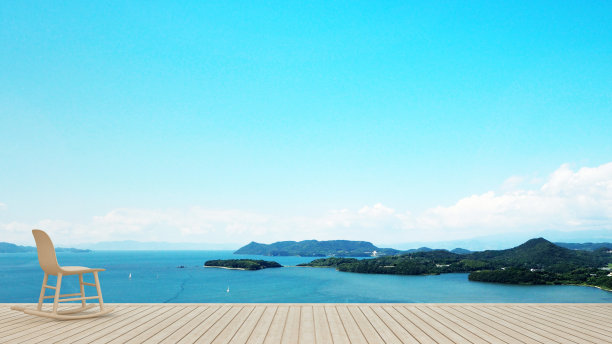 酒店或公寓阳台上的摇椅可以看到海景-岛屿和海景的起居区域-度假时的简单设计艺术品- 3D渲染图片下载