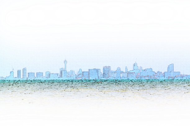 以城市抽象的色彩建筑为背景，用铅笔画素描水彩画。图片下载