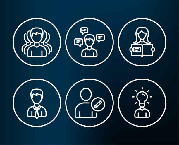 对话消息、商人和编辑用户图标。群组、女人阅读和教育标志。图片下载