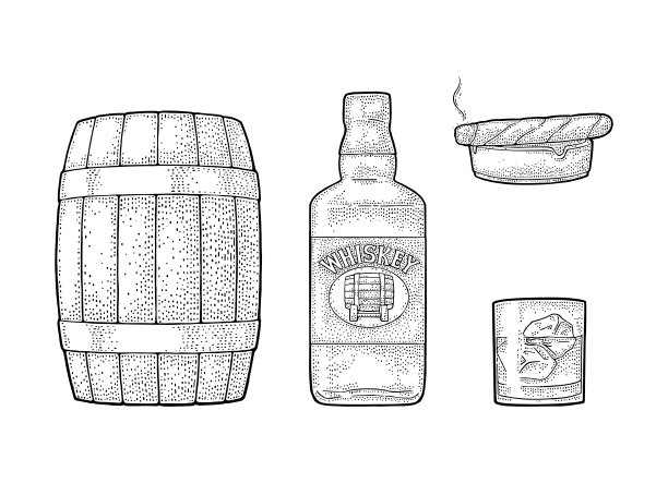 威士忌酒杯与冰块，桶，瓶子和雪茄。图片下载