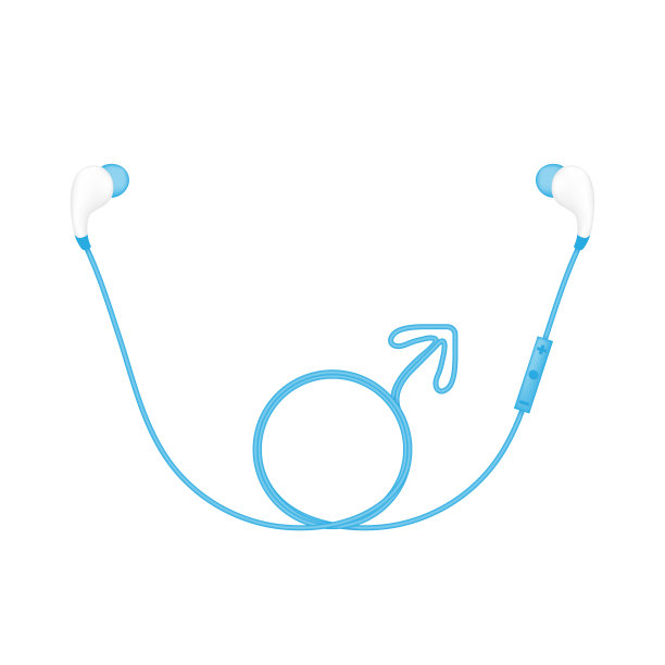 无线和远程耳机，在耳朵类型蓝色和男性性别符号，由电缆隔离在白色背景，有拷贝空间图片下载