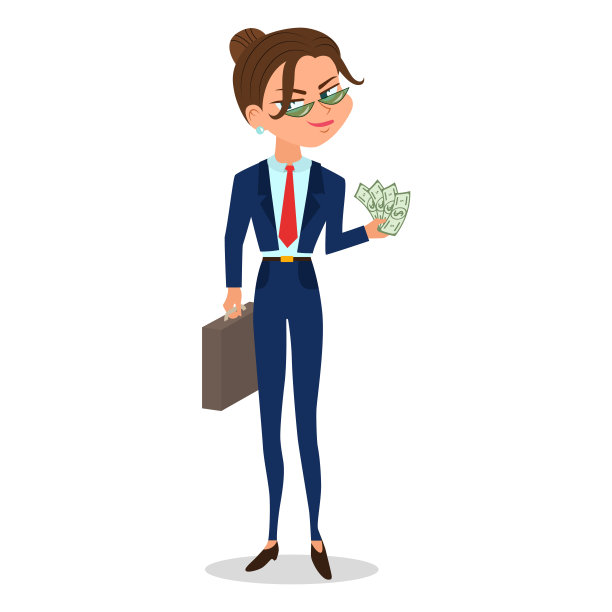 矢量卡通女孩穿着西装拿着现金和箱子图片下载