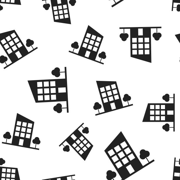 建筑酒店树木无缝图案背景。商业平面矢量插图。建筑标志符号图案。图片下载