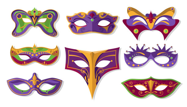 狂欢节面具集设计元素，扁平风格。在白色背景上隔离的狂欢节面具。图片下载