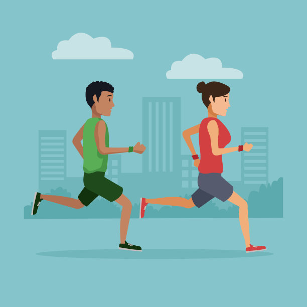 一对情侣在城市里跑步图片下载