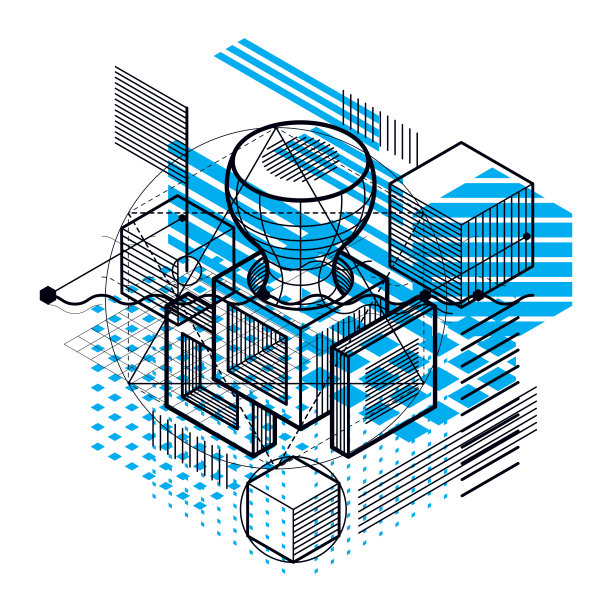 三维抽象矢量等距背景。立方体，六边形，正方形，矩形和不同的抽象元素的布局。素材图片