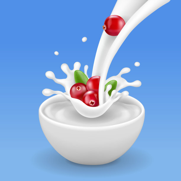 酸梅掉在酸奶碗里。牛奶和浆果。广告酸奶图片下载