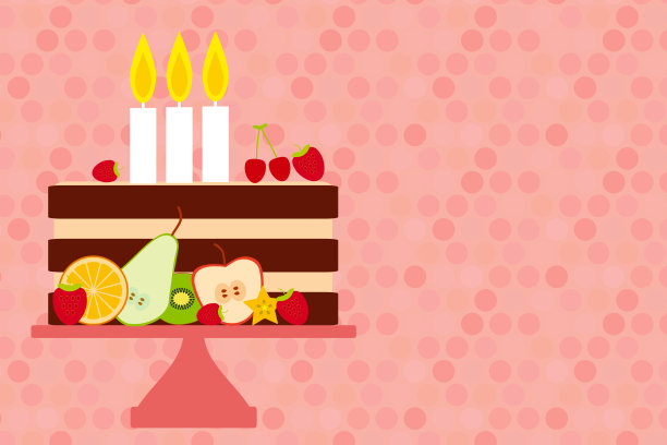 生日贺卡设计甜蜜的蛋糕装饰蜡烛，新鲜的水果和浆果，粉彩在粉红色圆点的背景。蛋糕站。向量图片下载