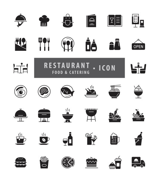 现代餐厅图标集，食品和餐饮标志符号图片下载