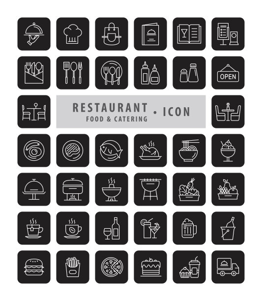 现代餐厅图标集，食品和餐饮标志符号图片下载