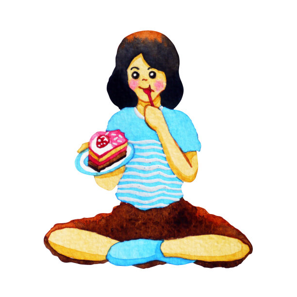 快乐少女坐着吃蛋糕水彩画手绘图片下载