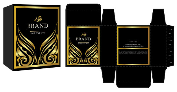 包装设计，黄金豪华盒设计模板和样板盒。说明向量图片下载